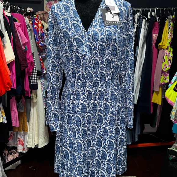 Derek Lam Dresses & Skirts - Derek Lam Blue Paisley Crosby V-Neck Long Sleeve Dress
